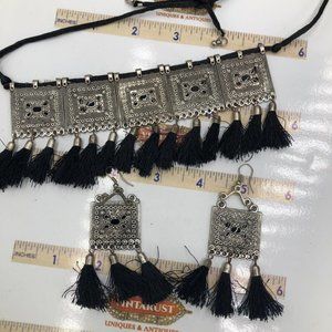 Silver Kuchi Afghan Jewelry Set With Dangling Tassels, Tribal Set